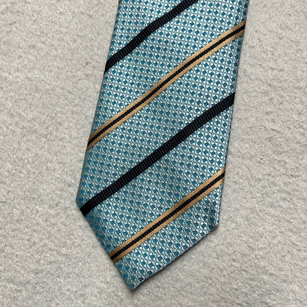 Ermenegildo Zegna Silk Tie Blue Gold Black Stripe Textured Pattern